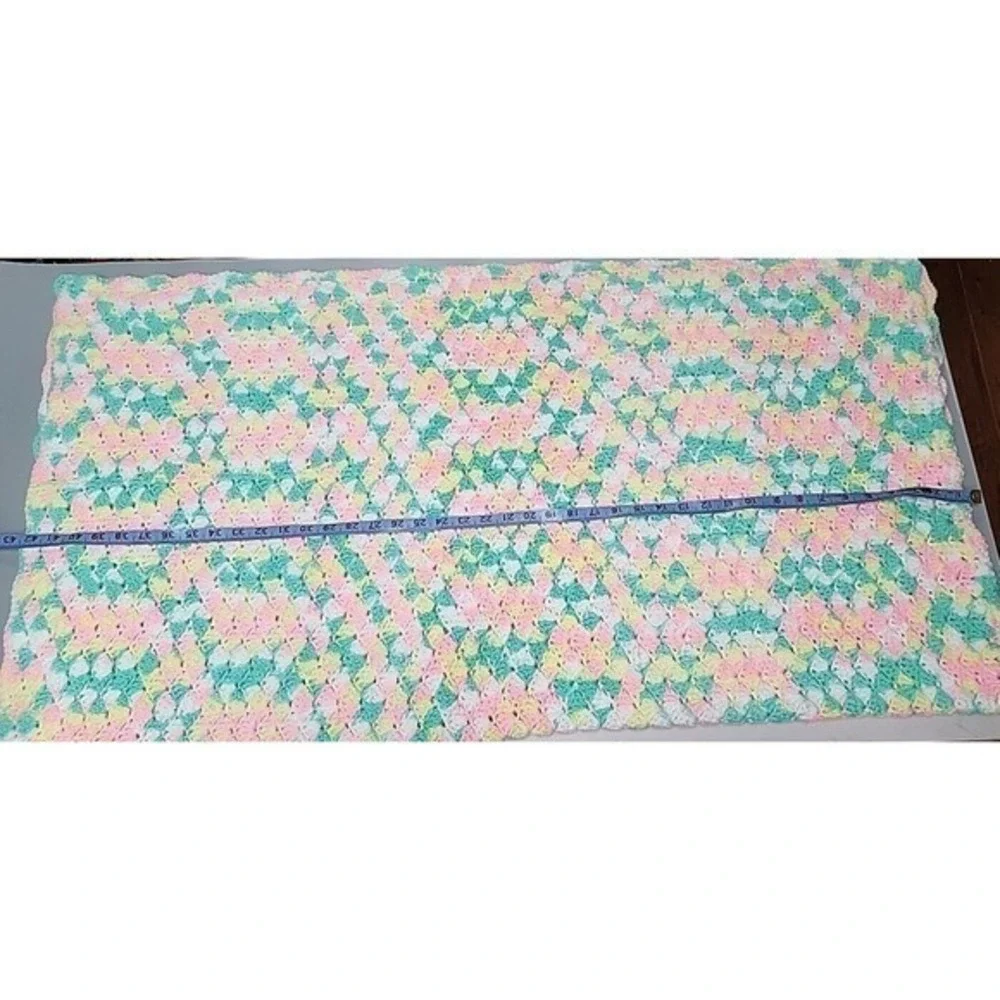 Vtg Handmade Chevron Crochet Afghan Throw Lap Blanket 1980s Nursery Pastel Color